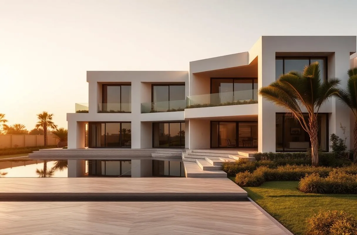 Villa de luxe contemporaine à Casablanca au crépuscule